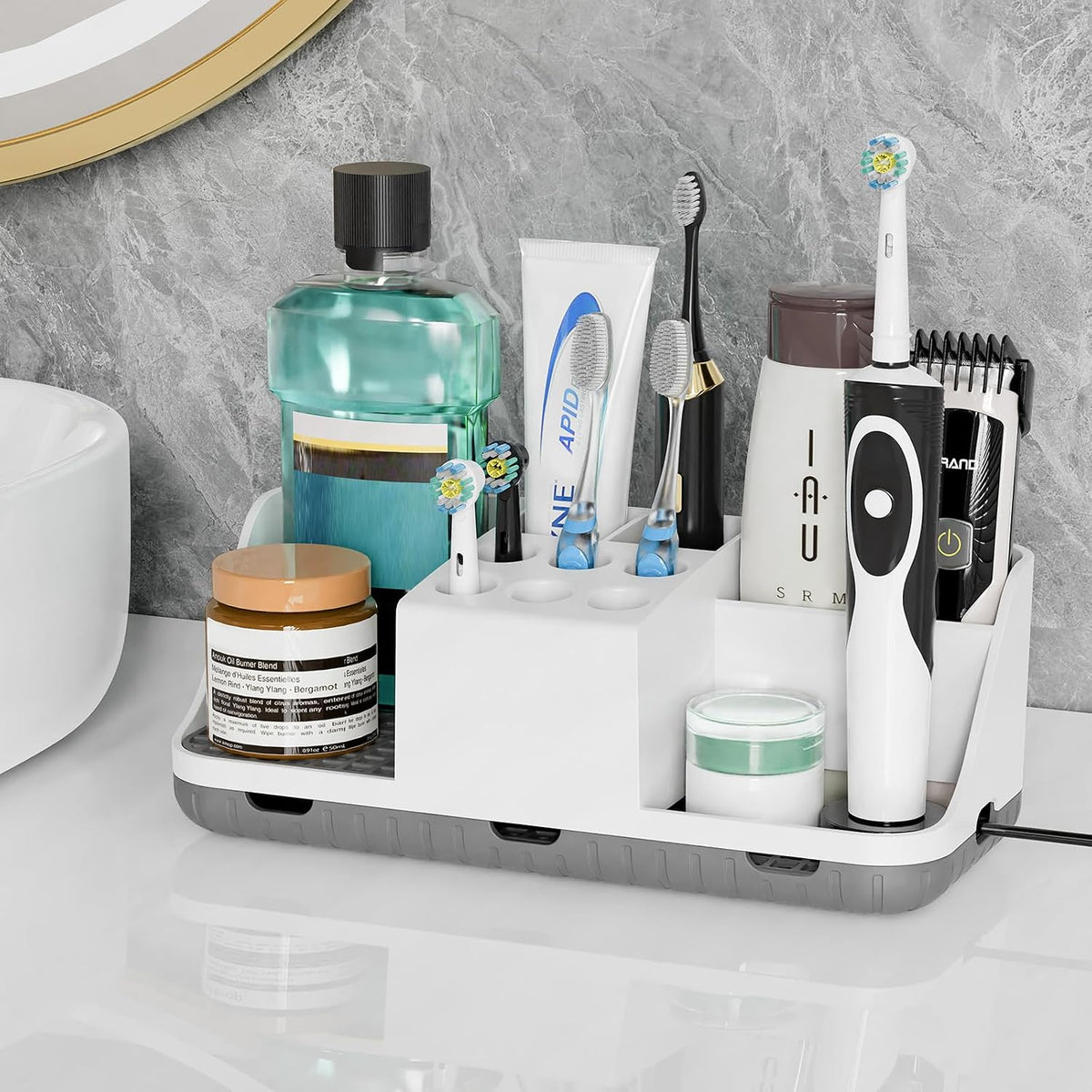 Boperzi Electric Toothbrush Holders with Cord Slots: Detachable Toothbrush and Toothpaste Holders, Large Tooth Brush Storage Caddy Set Drainage, Anti-Slip Bathroom Counter Organizer for Family, Kids