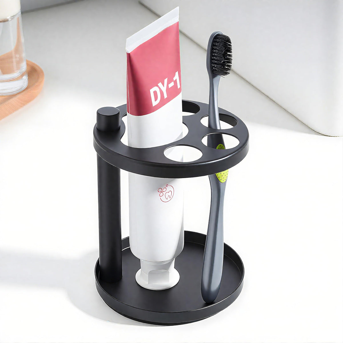 Metal Toothbrush Holder Stand for Bathroom: Stainless Steel Ventilated Organizer with Slots for Electric Toothbrushes, Toothpaste, Razors & Small Comb, Unique Footprint Base Design, Black