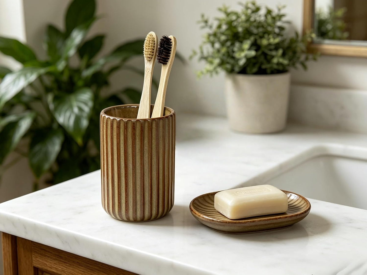 Stoneware Toothbrush Holder for Bathroom Tooth Brush Holder for Bathroom Toothbrush Cup Toothbrush Holders Cute Fluted Vertical Ribbed Stripe (Rustic Brown)