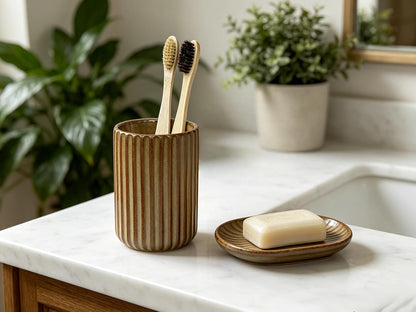 Stoneware Toothbrush Holder for Bathroom Tooth Brush Holder for Bathroom Toothbrush Cup Toothbrush Holders Cute Fluted Vertical Ribbed Stripe (Rustic Brown)