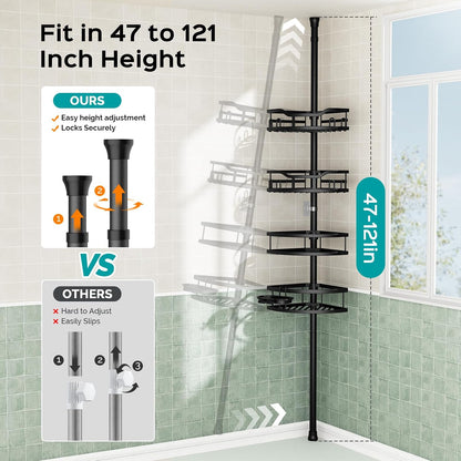 HAMITOR Corner Shower Caddy Tension Pole: Rustproof Stable 4-Tier Bathroom Organizer Shelves for Bathtub Shampoo Storage - 47-121 Inch Quick Install Adjustable Standing Rack with Soap Rack - Black