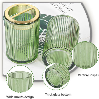 Toothbrush Holders for Bathrooms, 2pcs Glass Toothbrush Holder, 12oz Bathroom Tumbler and Mouthwash Cup, Tooth Brush and Toothpaste Organizer for Bathroom Vanity Countertop (Green Gold)