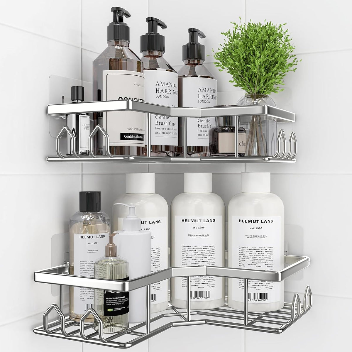 Adhesive Shower Caddy, 2 Pack Corner Bath Organizer, Rustproof Stainless Steel Shower Shelves with Large Capacity, No Drilling Shelves for Bathroom Storage, Home, Kitchen Decor (Silver).