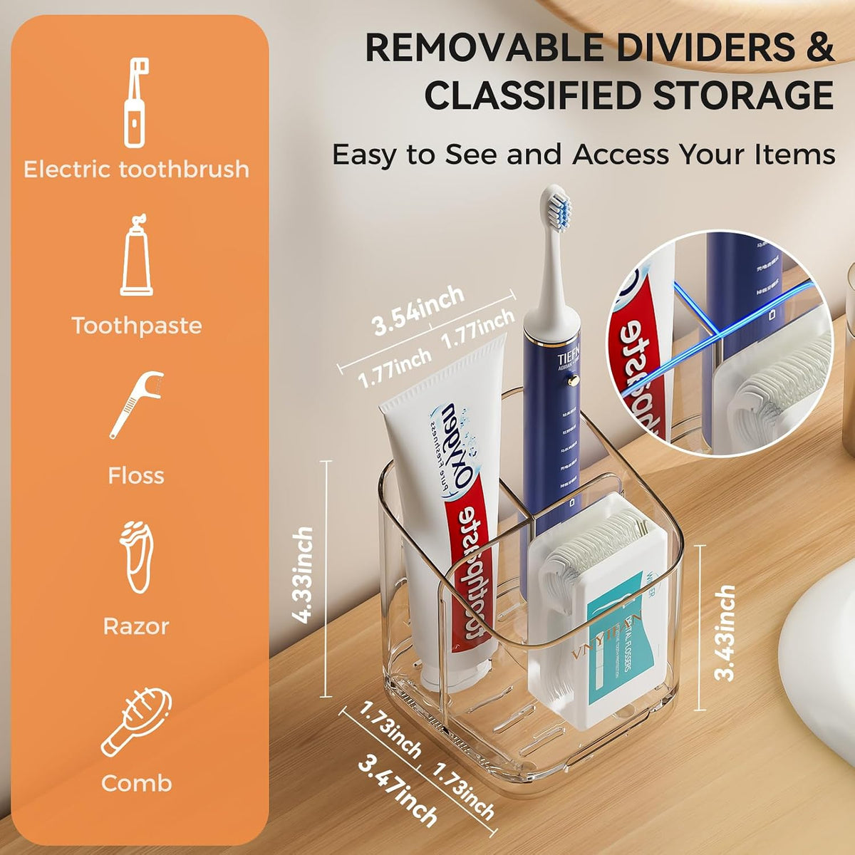 3 Slots Toothbrush Holders with Detachable Dividers for Bathrooms