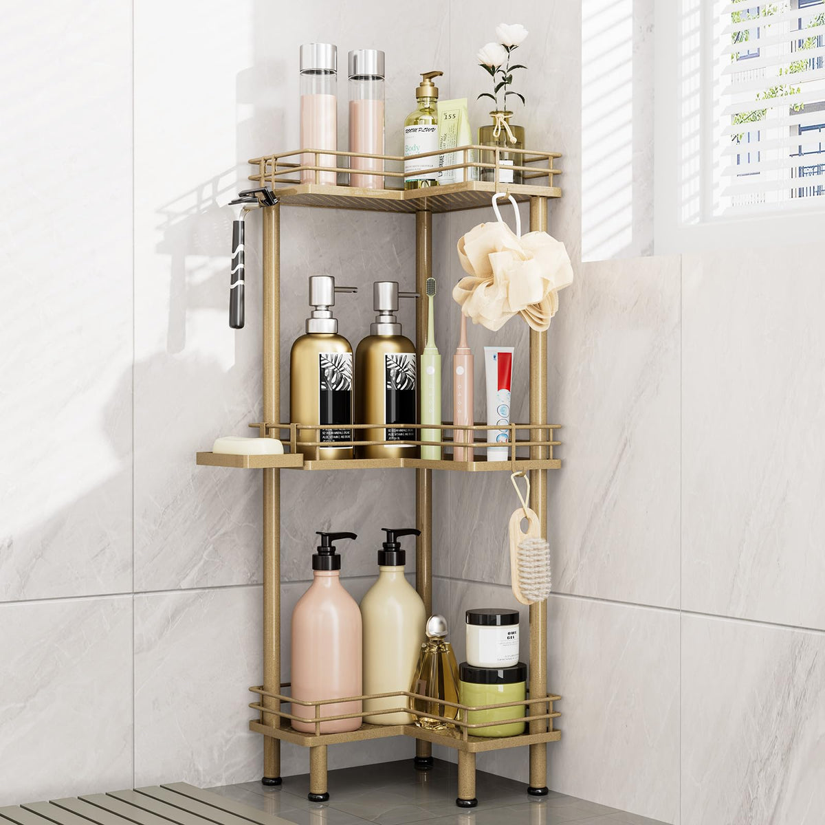 Consumest Corner Shower Caddy Standing - 3-Tier Stainless Steel Shower Organizer with Soap Holder and 4 Hooks, Large Capacity Corner Shelf Stand for Bathroom, Rest Room, Black