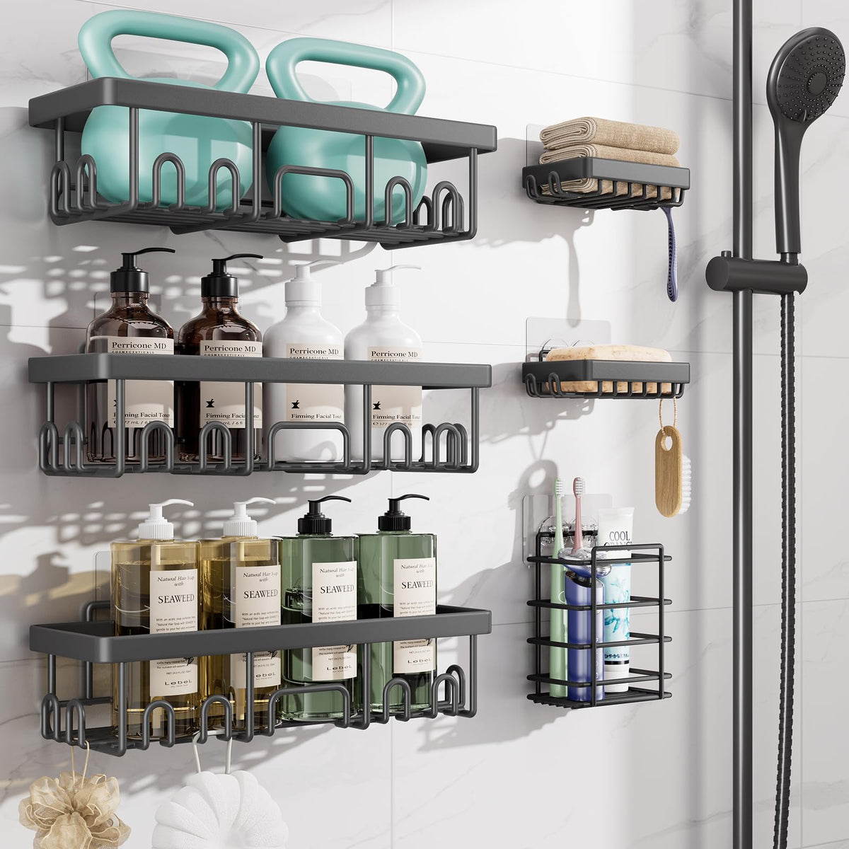 Veken Shower Caddy 3-Pack, Advanced Rustproof Design, No Drilling Adhesive Shelves, Rack with Soap Holder, Large Capacity Bathroom Organizers and Storage, Wall-Mounted Kitchen & Home Decor, Black