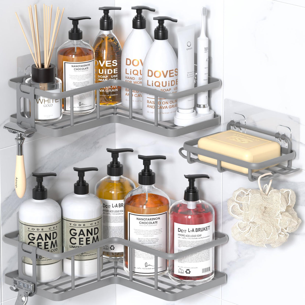 YASONIC Corner Shower Caddy Adhesive, 100% Rustproof Shower Organizer, No Drill Shower Shelf for Inside Shower, Wall-Mounted Shower Storage for Homes (2 Pack, White)