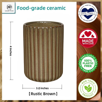 Stoneware Toothbrush Holder for Bathroom Tooth Brush Holder for Bathroom Toothbrush Cup Toothbrush Holders Cute Fluted Vertical Ribbed Stripe (Rustic Brown)