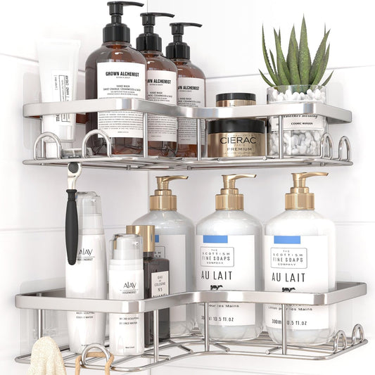 Sakugi Corner Shower Caddy - 2 Pack, Adhesive Shower Organizers, Rustproof Stainless Steel Shower Shelves with 8 Hooks, No Drilling Bathroom Organizers and Storage Racks, Space-Saving, Silver, Medium