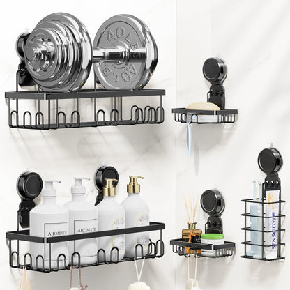 JOTPE Shower Caddy Suction Cup, Powerful Suction Storage Shelf Holds Up to 40 lbs, No Drilling Bathroom Organizer with Large Capacity, Removable & Reusable Shower Basket with Hooks, Rustproof, Black