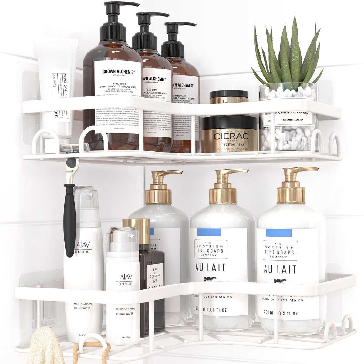 Sakugi Corner Shower Caddy - 2 Pack, Adhesive Shower Organizers, Rustproof Stainless Steel Shower Shelves with 8 Hooks, No Drilling Bathroom Organizers and Storage Racks, Space-Saving, Silver, Medium