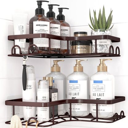 Sakugi Corner Shower Caddy - 2 Pack, Adhesive Shower Organizers, Rustproof Stainless Steel Shower Shelves with 8 Hooks, No Drilling Bathroom Organizers and Storage Racks, Space-Saving, Silver, Medium