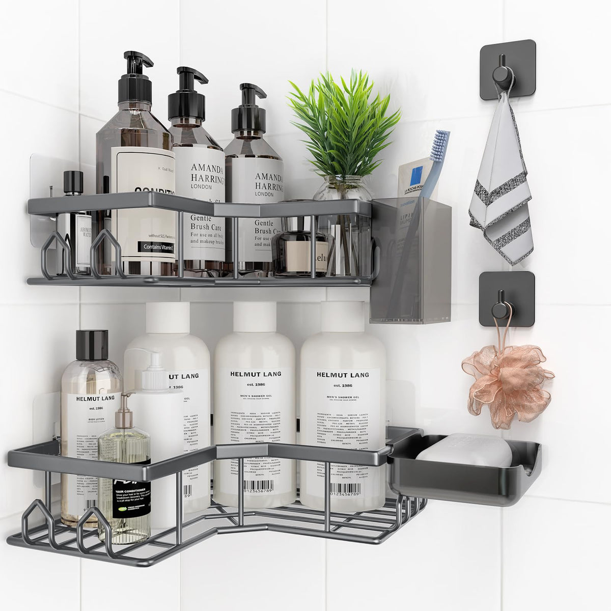 Adhesive Shower Caddy, 2 Pack Corner Bath Organizer, Rustproof Stainless Steel Shower Shelves with Large Capacity, No Drilling Shelves for Bathroom Storage, Home, Kitchen Decor (Silver).