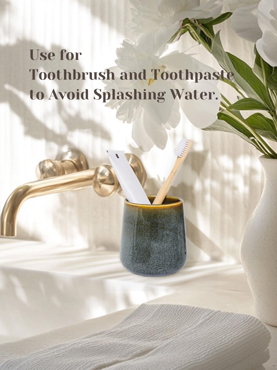 INGOFIN Ceramic Toothbrush Holder Cup, 12 oz Toothpaste Holder for Bathroom Vanity and Countertop, Organizer for Cosmetic, Makeup, Office Pencils, for Hotel Apartment, Kiln-Glazed Blue-Green