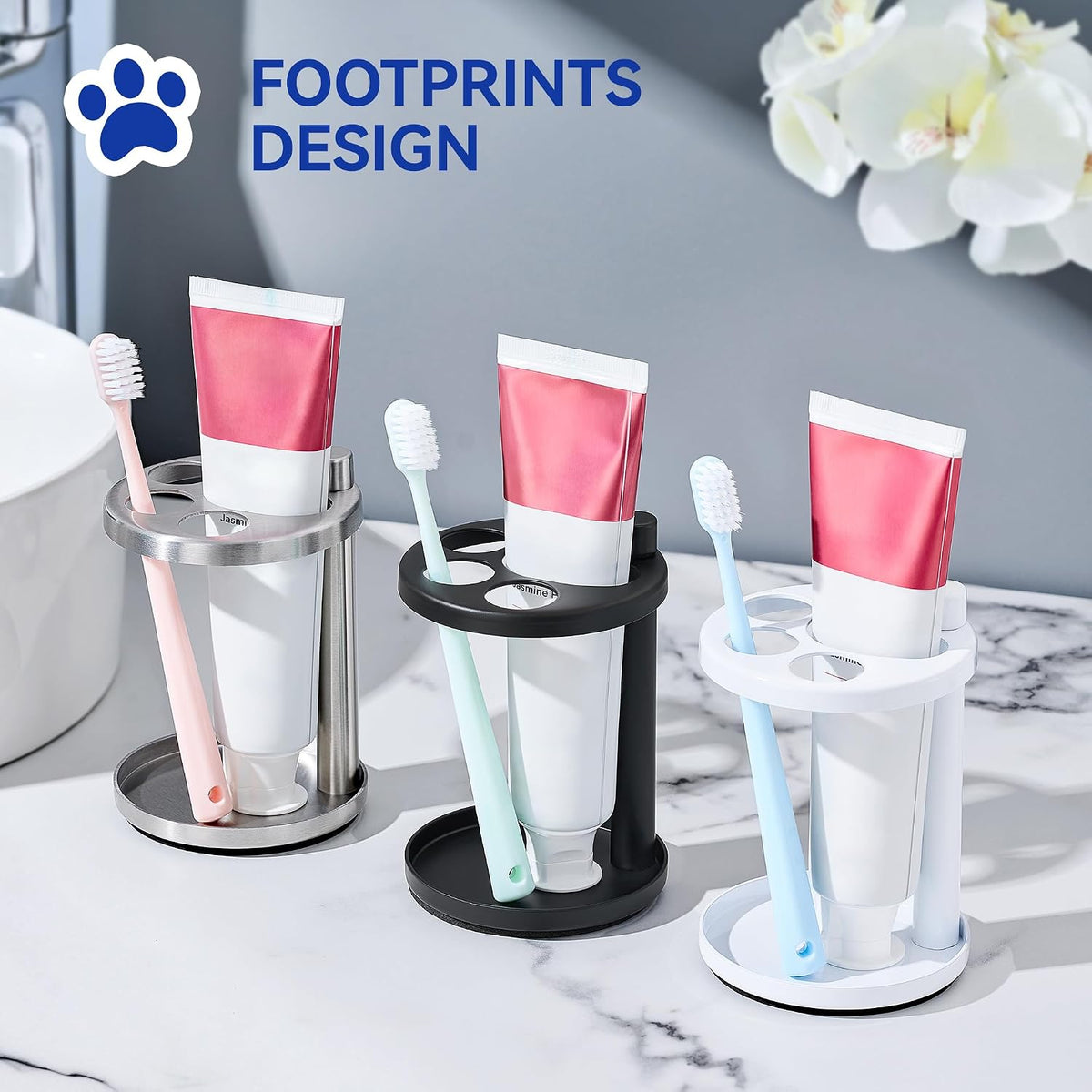 Toothbrush & Toothpaste Holder for Bathroom Countertop, Metal Electric Toothbrush Stand with Razor Slot, Ideal Design Caddy for Kids & Family, Black