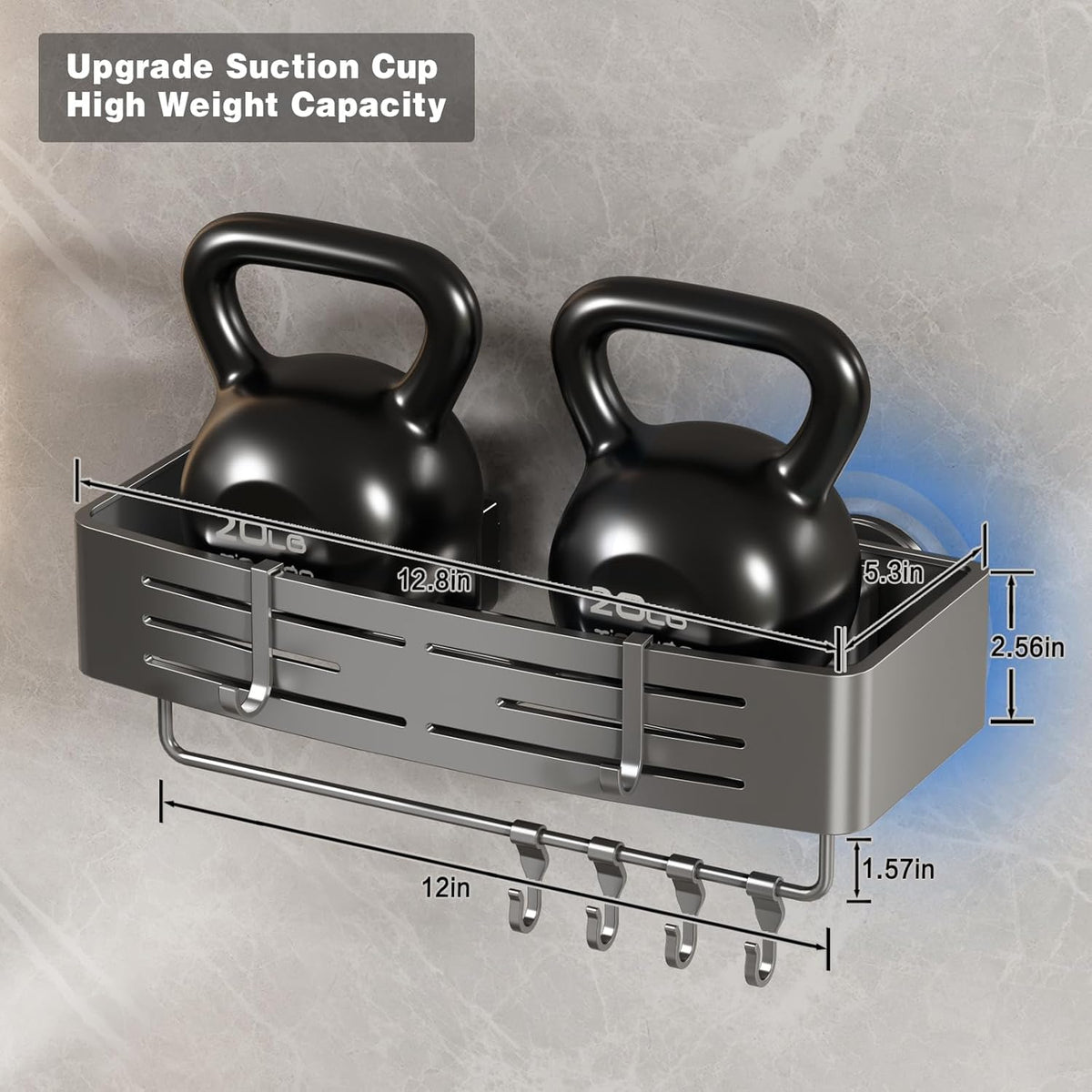 Voldra Shower Caddy Suction Cup, 2 Pack Shower Shelves for Inside Shower No Drilling, Aluminum Suction Showers Organizer with Towel Bar & Hooks Removable Bathroom Shelf Storage Rack(Gray)