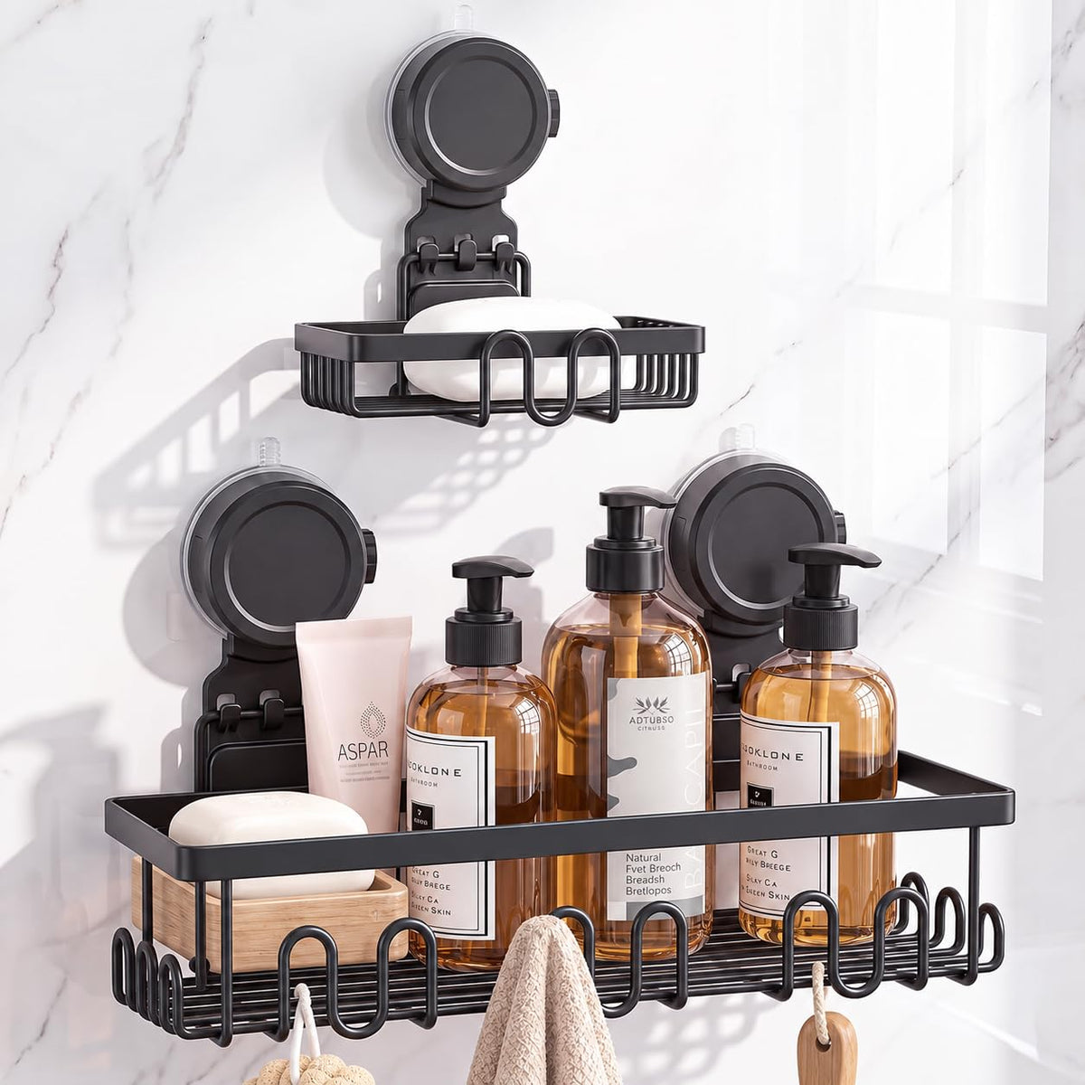 JOTPE Shower Caddy Suction Cup, Powerful Suction Storage Shelf Holds Up to 40 lbs, No Drilling Bathroom Organizer with Large Capacity, Removable & Reusable Shower Basket with Hooks, Rustproof, Black