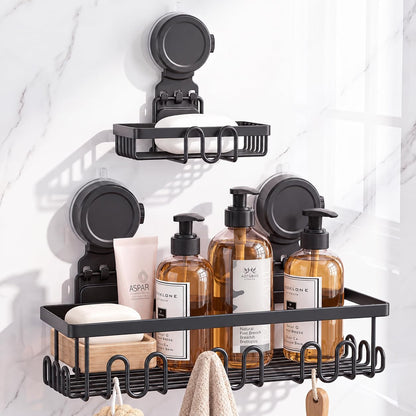 JOTPE Shower Caddy Suction Cup, Powerful Suction Storage Shelf Holds Up to 40 lbs, No Drilling Bathroom Organizer with Large Capacity, Removable & Reusable Shower Basket with Hooks, Rustproof, Black