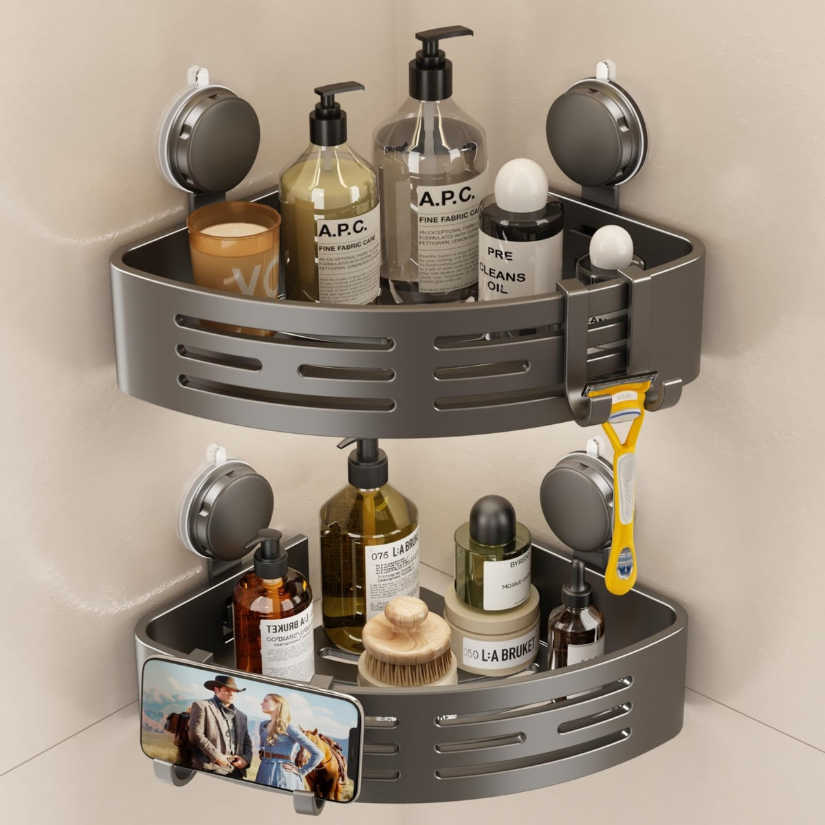 VOLPONE Corner Shower Caddy Suction Cup Shower Shelf Corner No Drilling Bathroom Shower Organizer Storage Rack Adhesive with Towel Bar Hooks (2-Pack,Gray)