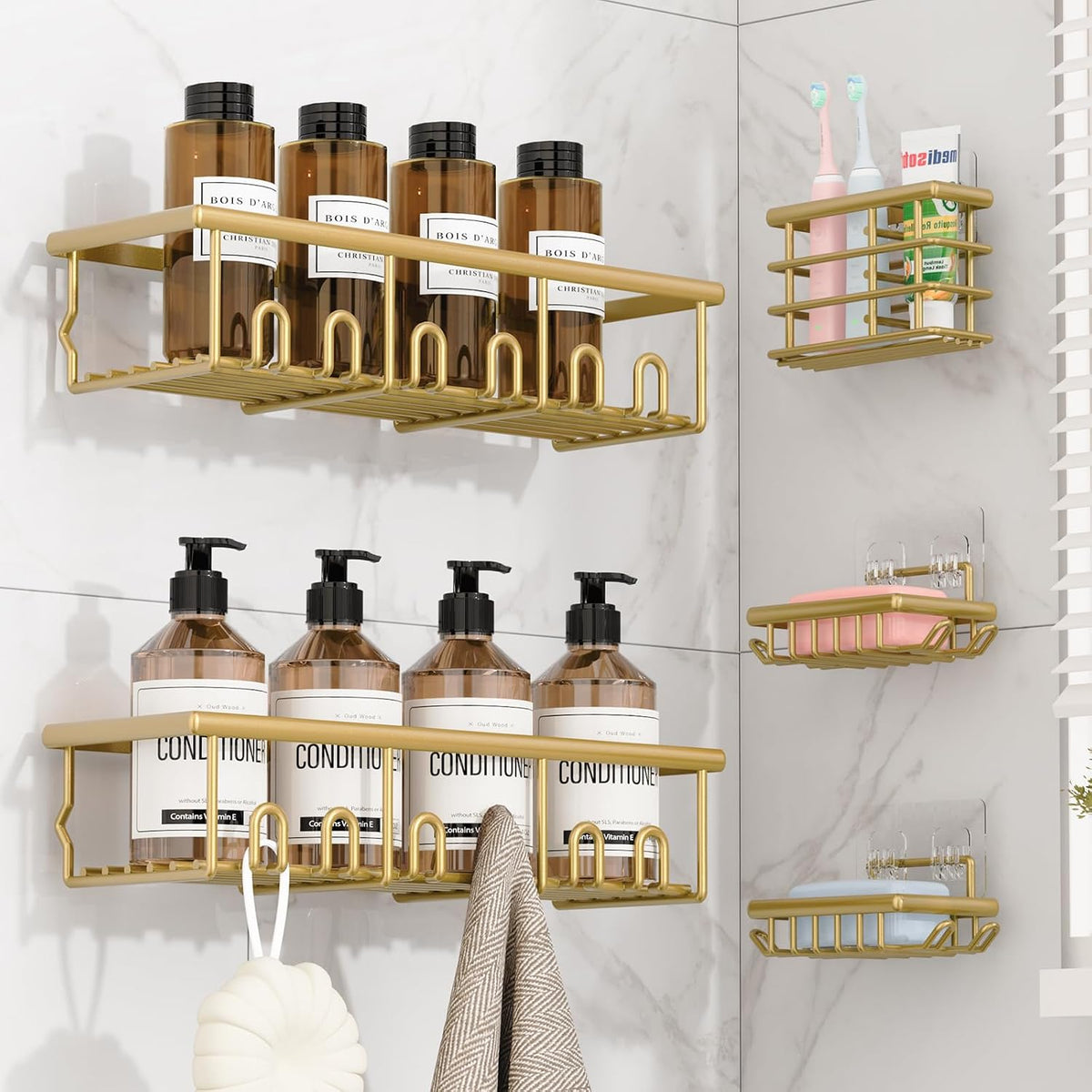 5 Pack Adhesive Bathroom Holders & Dispensers for Kids & Adults, Gold