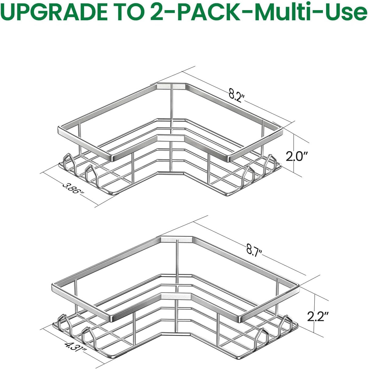 Adhesive Shower Caddy, 2 Pack Corner Bath Organizer, Rustproof Stainless Steel Shower Shelves with Large Capacity, No Drilling Shelves for Bathroom Storage, Home, Kitchen Decor (Silver).