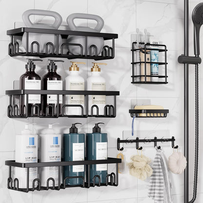 Veken Shower Caddy 6-Pack with Hooks, Bathroom Organizers & Storage, Black
