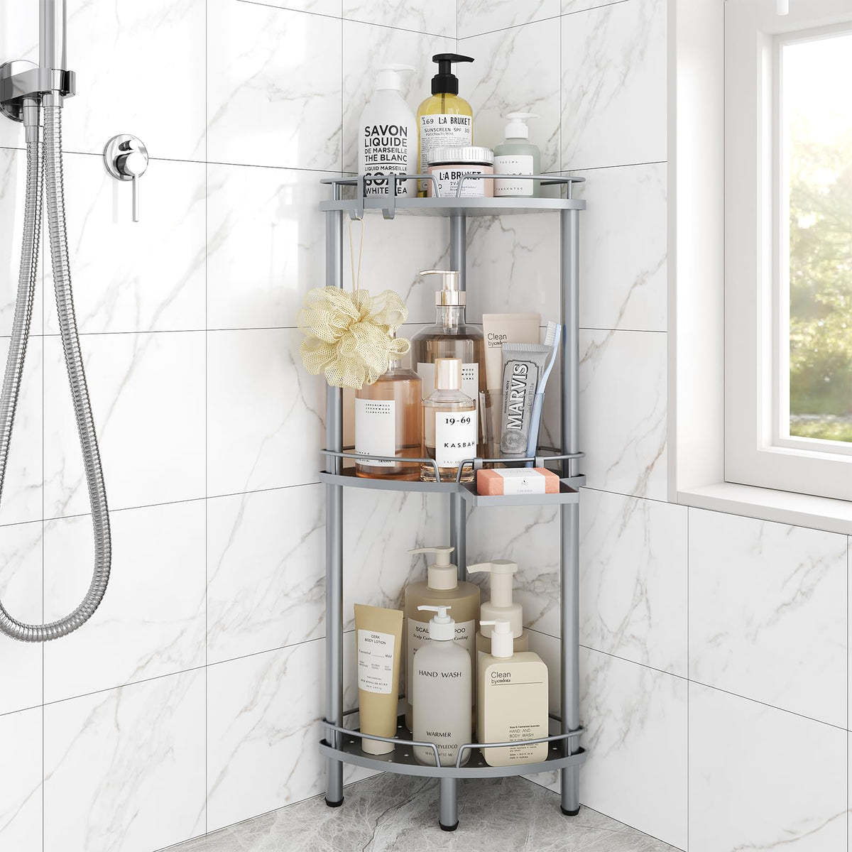 ELYKEN Corner Shower Caddy Standing, 3 Tier Metal Shower Organizer, Black