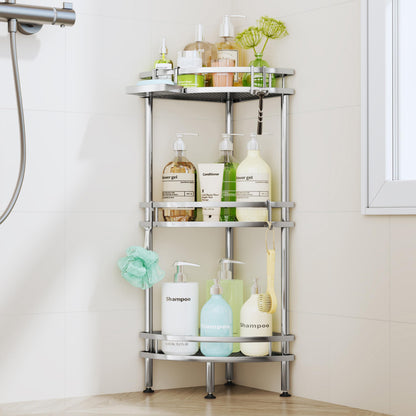 HapiRm Standing Corner Shower Caddy - 3 Tier Shower Organizer Corner with Soap Holder and 4 Hooks, Rustproof Bathroom Storage Shelves with Adhesives, Black