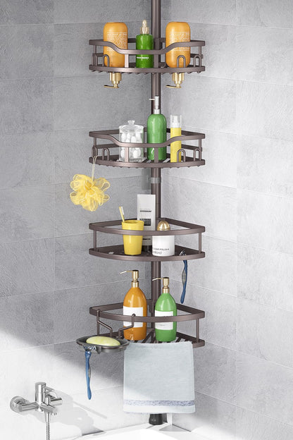 HAMITOR Corner Shower Caddy Tension Pole: Rustproof Stable 4-Tier Bathroom Organizer Shelves for Bathtub Shampoo Storage - 47-121 Inch Quick Install Adjustable Standing Rack with Soap Rack - Black