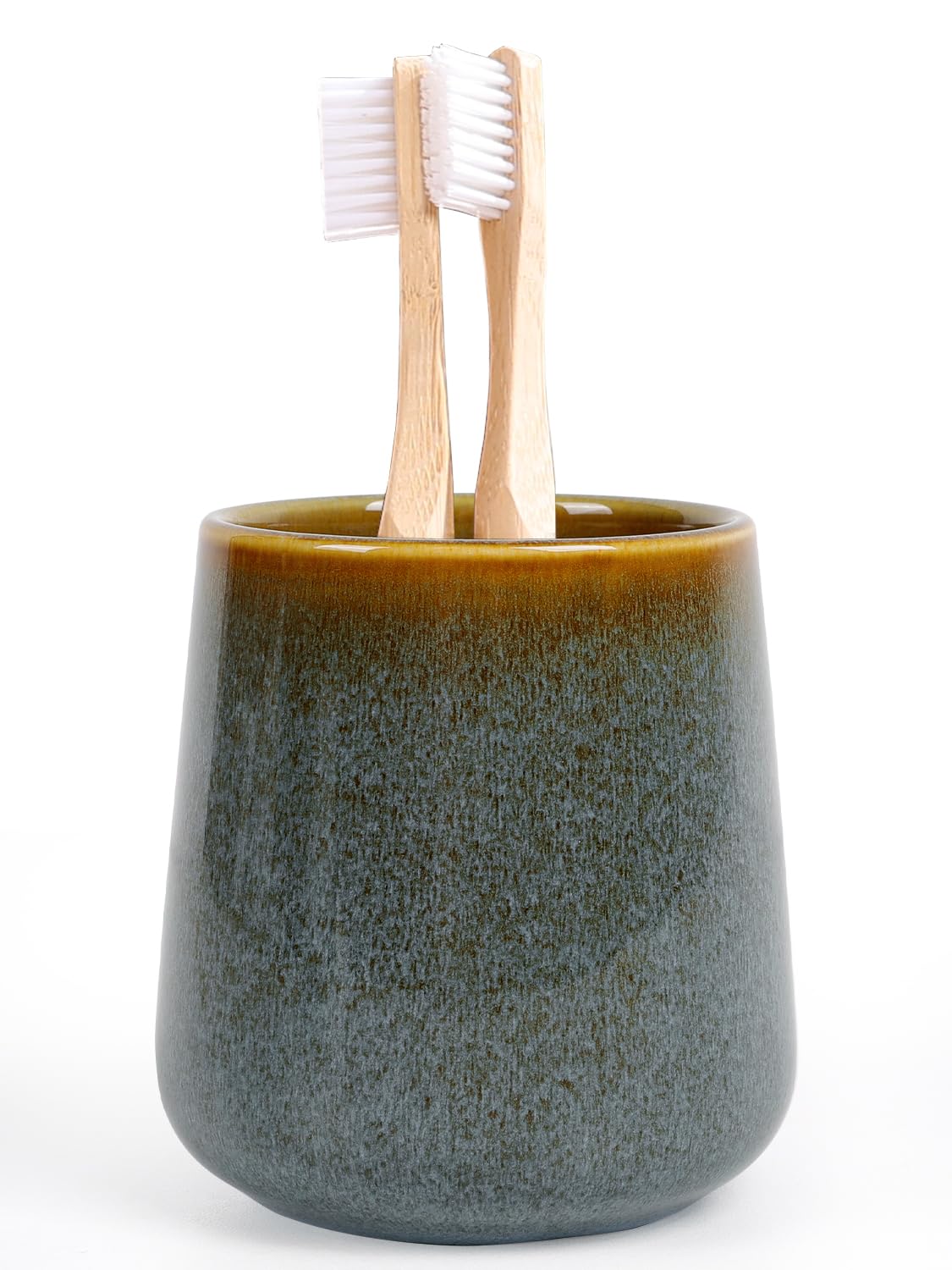 INGOFIN Ceramic Toothbrush Holder Cup, 12 oz Toothpaste Holder for Bathroom Vanity and Countertop, Organizer for Cosmetic, Makeup, Office Pencils, for Hotel Apartment, Kiln-Glazed Blue-Green