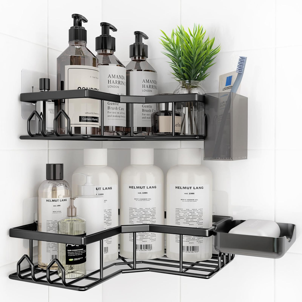Adhesive Shower Caddy, 2 Pack Corner Bath Organizer, Rustproof Stainless Steel Shower Shelves with Large Capacity, No Drilling Shelves for Bathroom Storage, Home, Kitchen Decor (Silver).