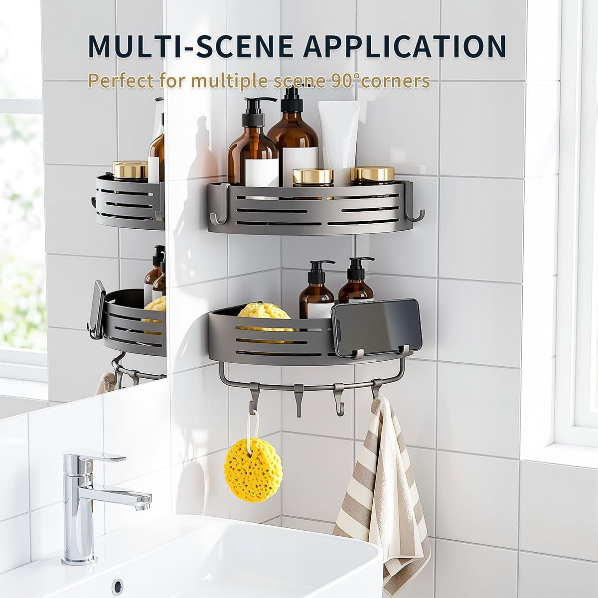 Adhesive Corner Shower Caddy with Hooks, Bathroom Shower Organizer, No Drilling Rust Proof Stainless Steel Shower Shelf for Inside Shower, Grey, 2 Pack