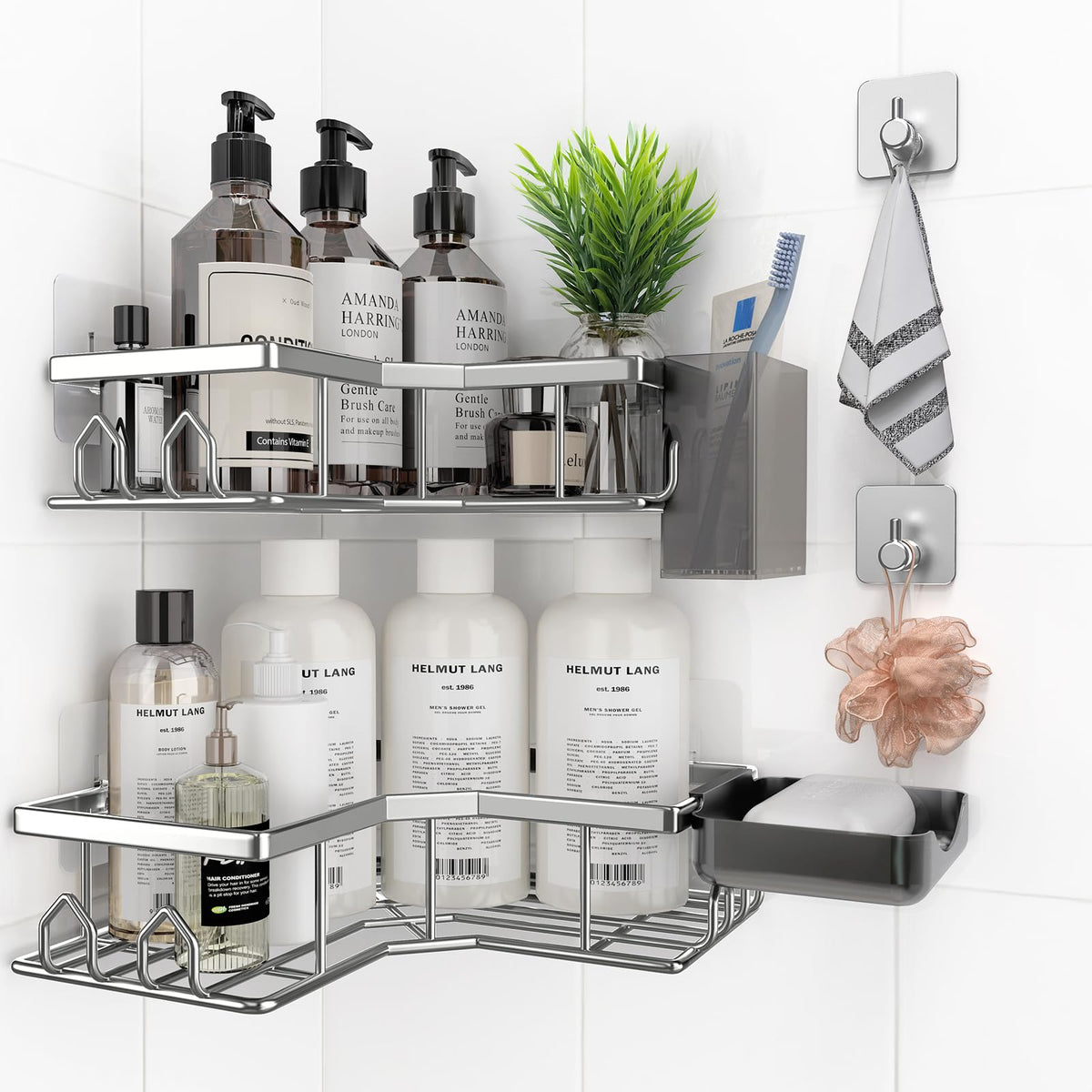 Adhesive Shower Caddy, 2 Pack Corner Bath Organizer, Rustproof Stainless Steel Shower Shelves with Large Capacity, No Drilling Shelves for Bathroom Storage, Home, Kitchen Decor (Silver).