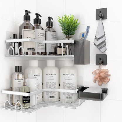 Adhesive Shower Caddy, 2 Pack Corner Bath Organizer, Rustproof Stainless Steel Shower Shelves with Large Capacity, No Drilling Shelves for Bathroom Storage, Home, Kitchen Decor (Silver).