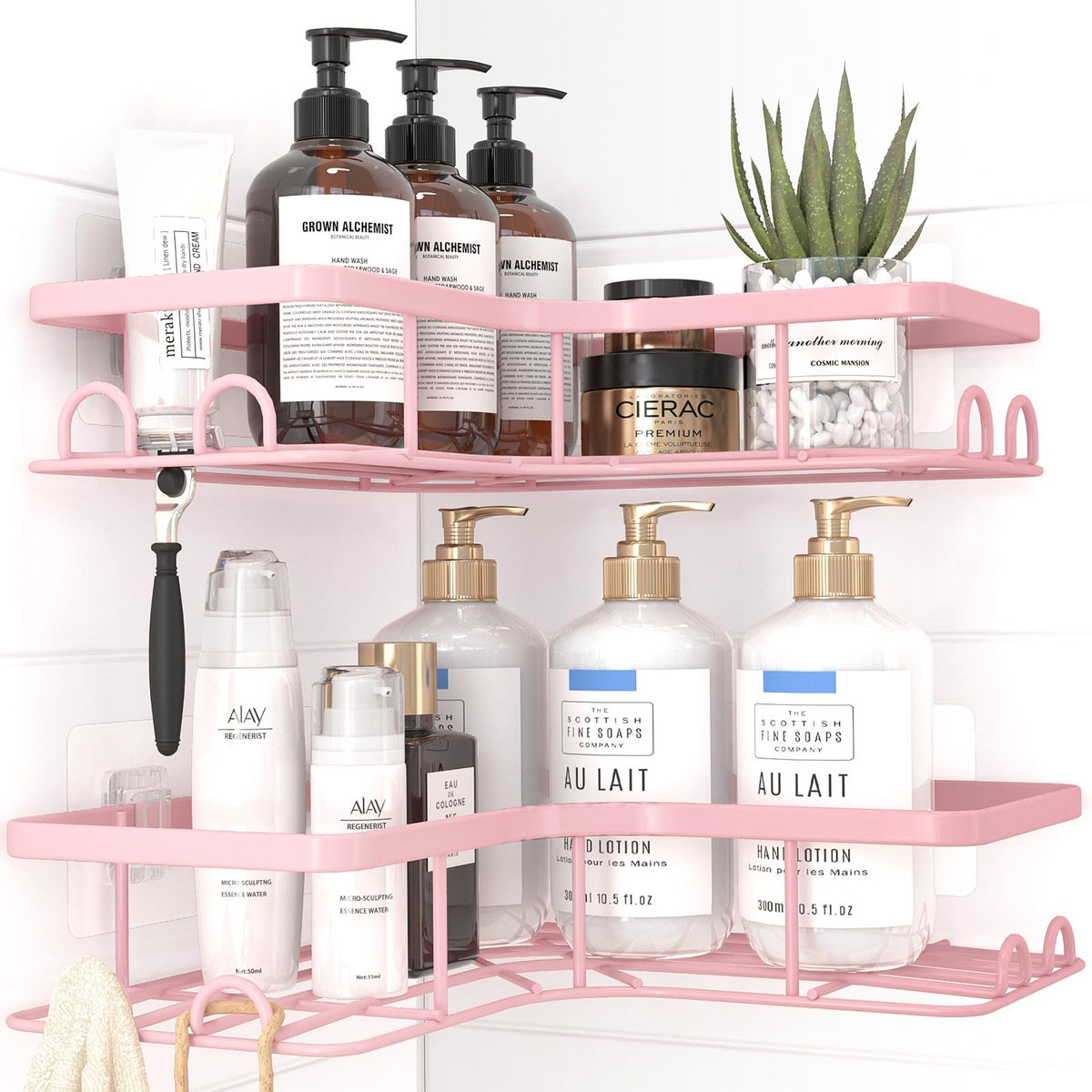 Sakugi Corner Shower Caddy - 2 Pack, Adhesive Shower Organizers, Rustproof Stainless Steel Shower Shelves with 8 Hooks, No Drilling Bathroom Organizers and Storage Racks, Space-Saving, Silver, Medium