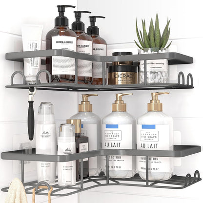 Sakugi Corner Shower Caddy - 2 Pack, Adhesive Shower Organizers, Rustproof Stainless Steel Shower Shelves with 8 Hooks, No Drilling Bathroom Organizers and Storage Racks, Space-Saving, Silver, Medium
