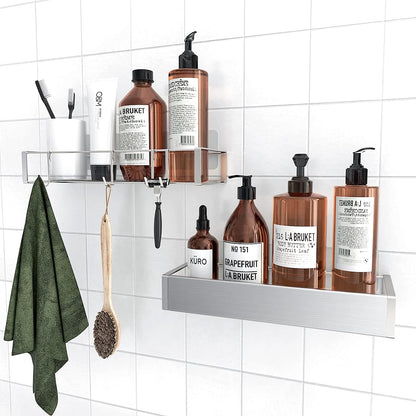 Bathroom Adhesive Shower Caddy Basket Shelf with Hooks, No Drilling Removable Bathroom Shelf Organizer,Stainless Steel Rustproof Shower Rack for Shampoo Storage, Sponge Holder-Silver