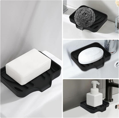2 Pack Silicone Soap Dish with Drain, Bar Soap Holder for Shower,Bathroom and Kitchen Sink Organizer,Self Draining Waterfall Soap Tray (Black)