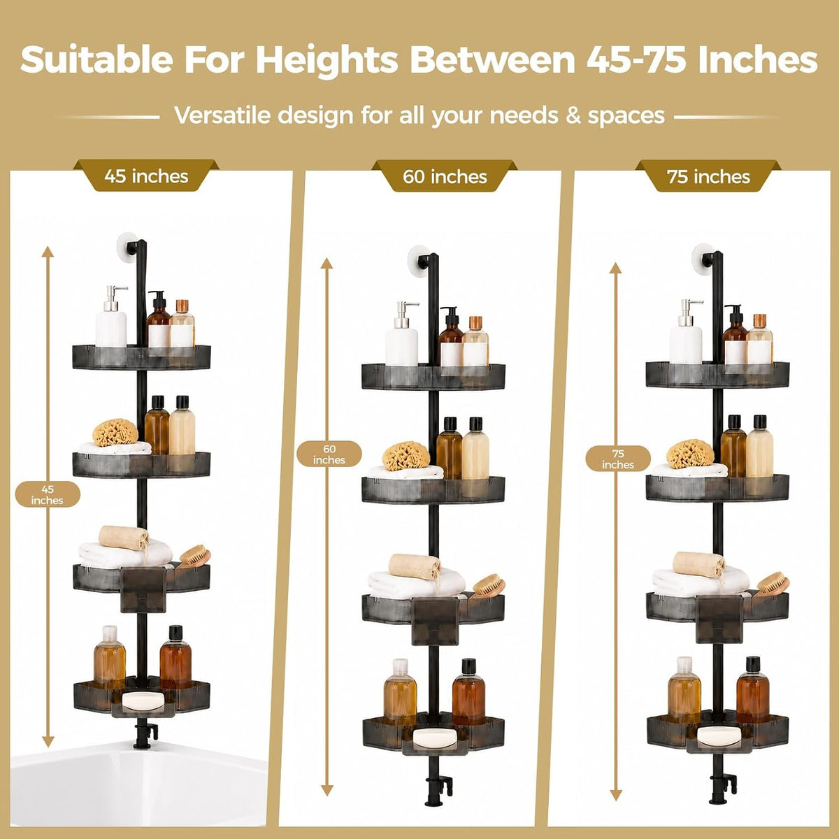 Corner Shower Caddy, Adjustable 4-Tier Rustproof Bathroom Organizer Shelves, 45-75 Inch No-Drill Quick Installation Bathtub Corner Shelf