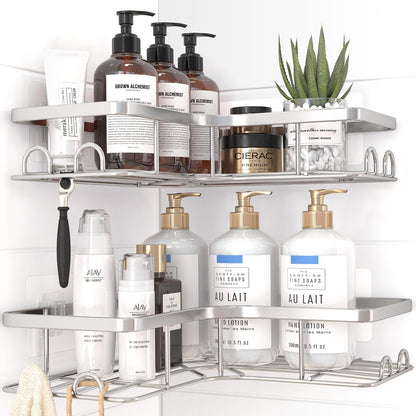 Sakugi Corner Shower Caddy - 2 Pack, Adhesive Shower Organizers, Rustproof Stainless Steel Shower Shelves with 8 Hooks, No Drilling Bathroom Organizers and Storage Racks, Space-Saving, Silver, Medium