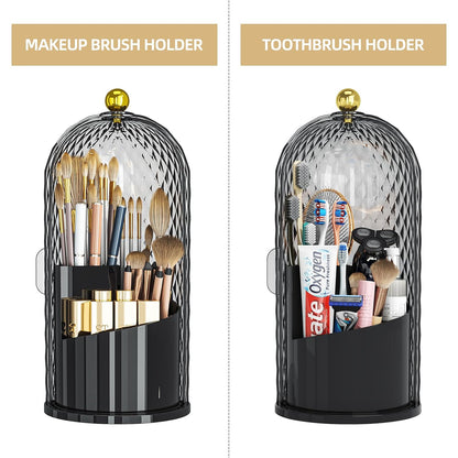 Dustproof Toothbrush Holder with Lid, 360 Rotating Countertop Electric Toothbrush Toothpaste Holders with Cover for Bathroom, 3 Slots Makeup Brush Holder with Lid for Vanity, Black