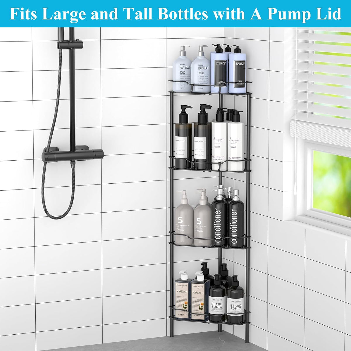 HuggieGems 4 Tier Floor Standing Corner Shower Caddy Organizer Shelf with Hooks, Bathroom Shelves Stand Rack, Black