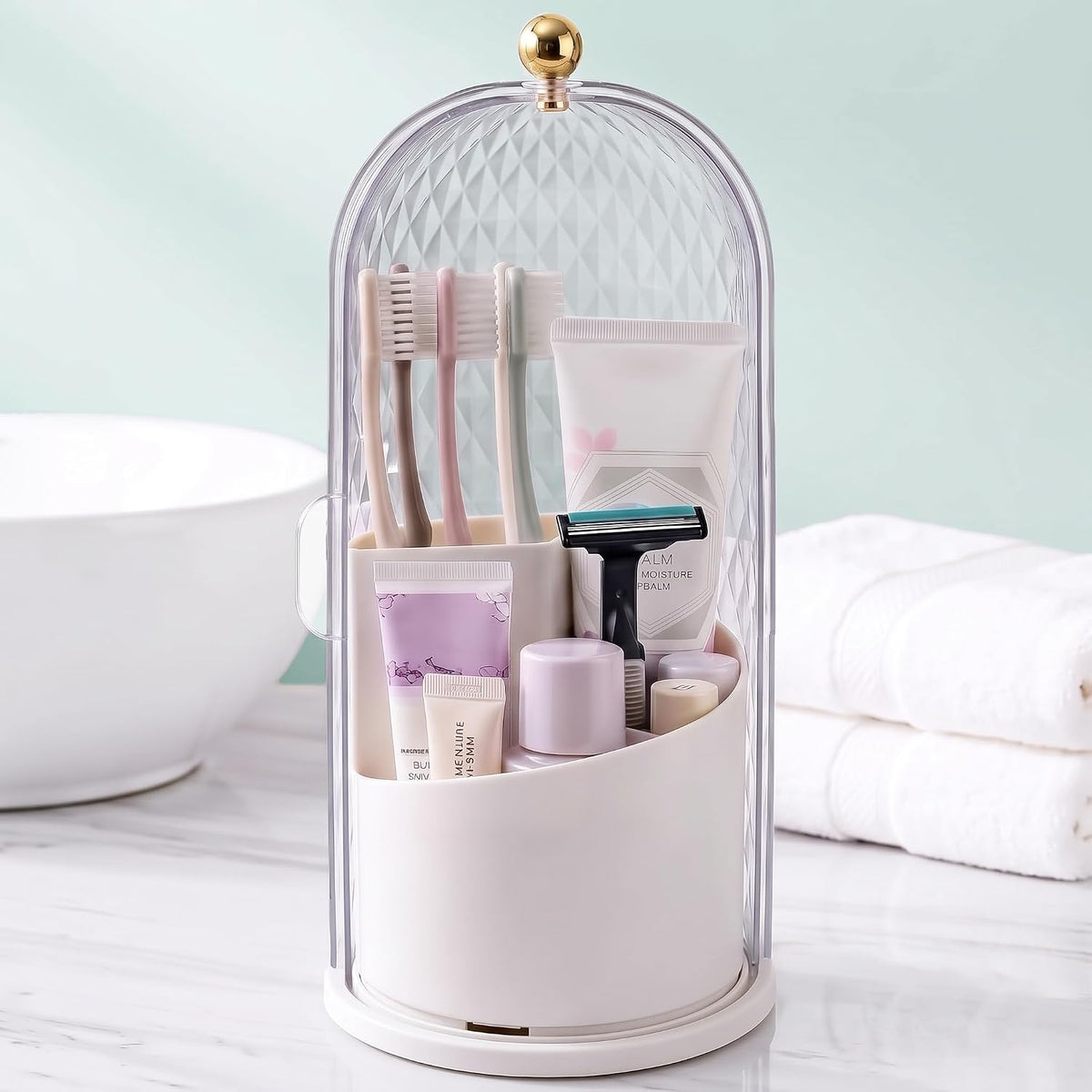 QIYVLOS Toothbrush Holders with Sliding Lid, Rotating 3 Slots Bathroom Organizer Countertop, Tooth Brush Toothpaste Holder Bathroom Counter Stand Caddy for Vanity Makeup Brushes Holder (White)