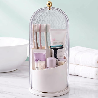 QIYVLOS Toothbrush Holders with Sliding Lid, Rotating 3 Slots Bathroom Organizer Countertop, Tooth Brush Toothpaste Holder Bathroom Counter Stand Caddy for Vanity Makeup Brushes Holder (White)