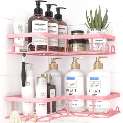 Sakugi Corner Shower Caddy - 2 Pack, Adhesive Shower Organizers, Rustproof Stainless Steel Shower Shelves with 8 Hooks, No Drilling Bathroom Organizers and Storage Racks, Space-Saving, Silver, Medium