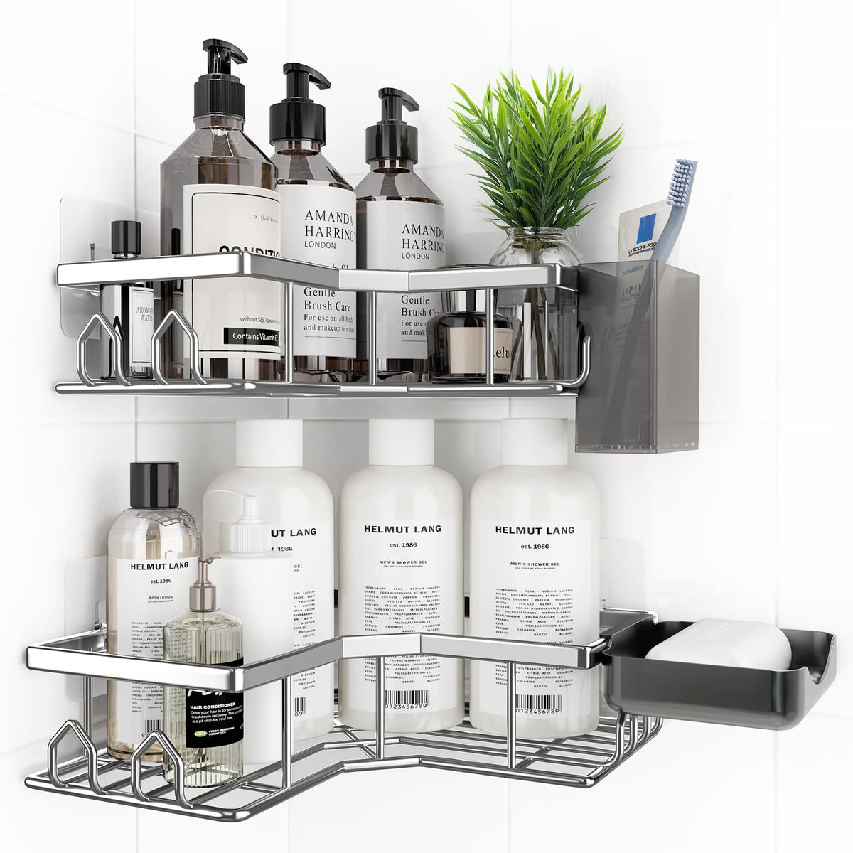 Adhesive Shower Caddy, 2 Pack Corner Bath Organizer, Rustproof Stainless Steel Shower Shelves with Large Capacity, No Drilling Shelves for Bathroom Storage, Home, Kitchen Decor (Silver).