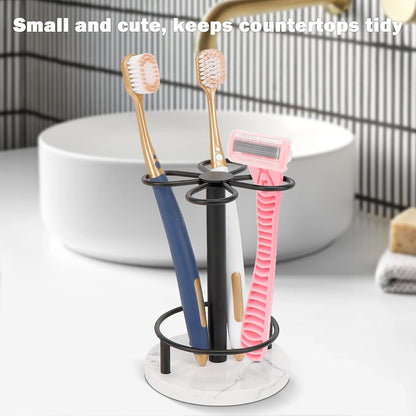 Toothbrush Holder Stand for Bathroom, Metal Toothbrush Organizer with Marble Base, Toothbrush Storage Collection for Family, Suitable for Home Hotel Countertop Vanity (Small, Matte Black)