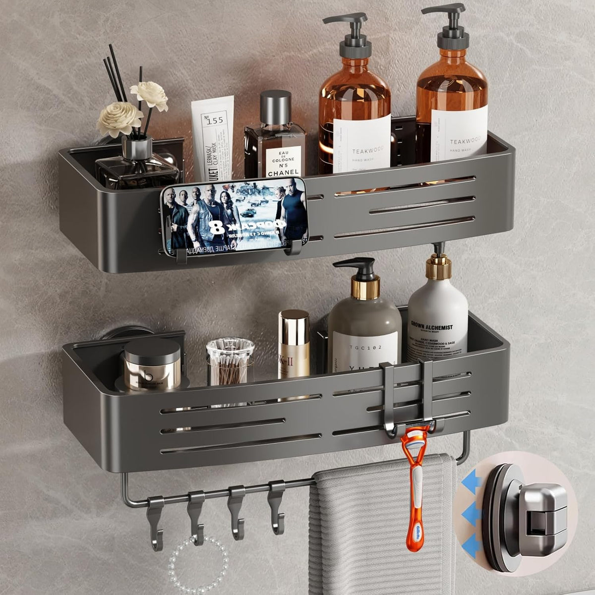 Voldra Shower Caddy Suction Cup, 2 Pack Shower Shelves for Inside Shower No Drilling, Aluminum Suction Showers Organizer with Towel Bar & Hooks Removable Bathroom Shelf Storage Rack(Gray)