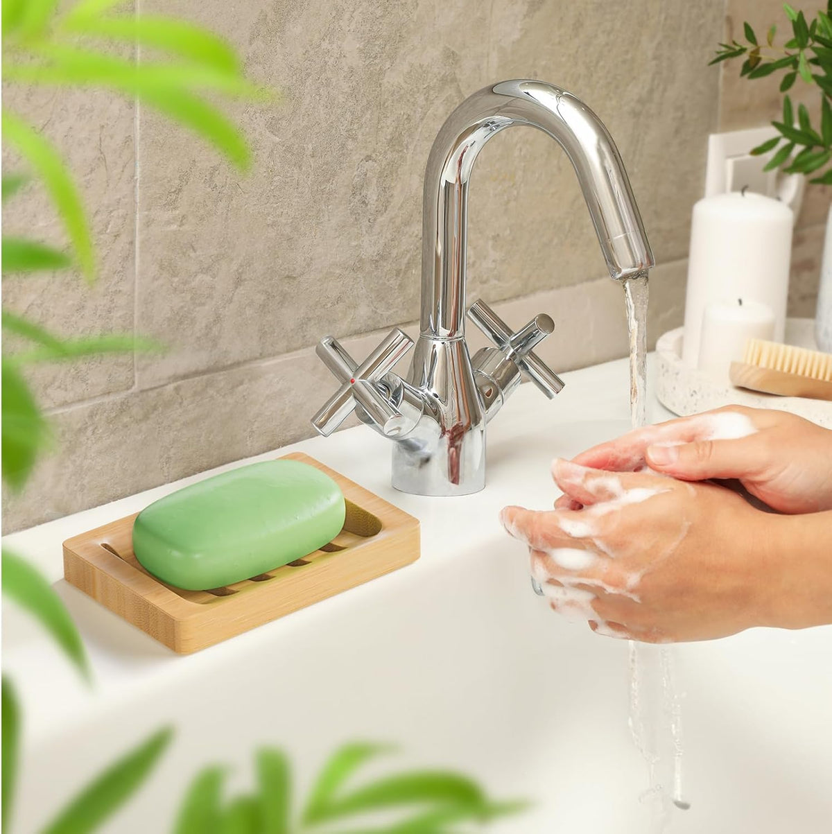 AmazerBath Soap Holder Soap Dish, Bamboo Soap Dish, 2 Pack Wood Bar Soap Holder for Shower, Trays Self Draining, Soap Saver for Shower, Bathroom, Kitchen(Natural Color)