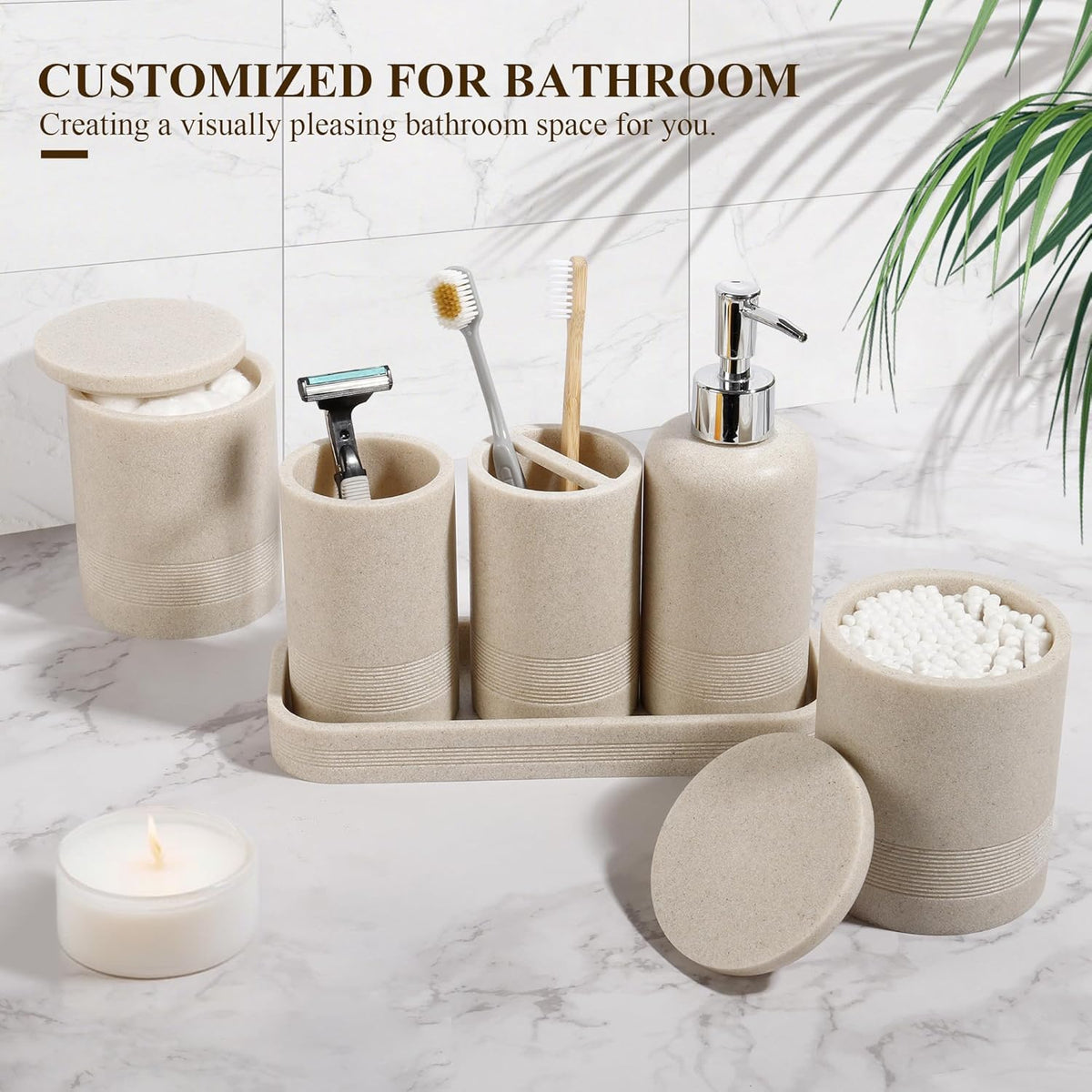Bathroom Accessories Set, 6-Piece Bathroom Accessory Set, Toothbrush Holders Set, Soap Dispenser, Vanity Tray, Tumbler, Cotton Swab Jars, Bathroom Organizer for Modern Bathrooms(Beige)